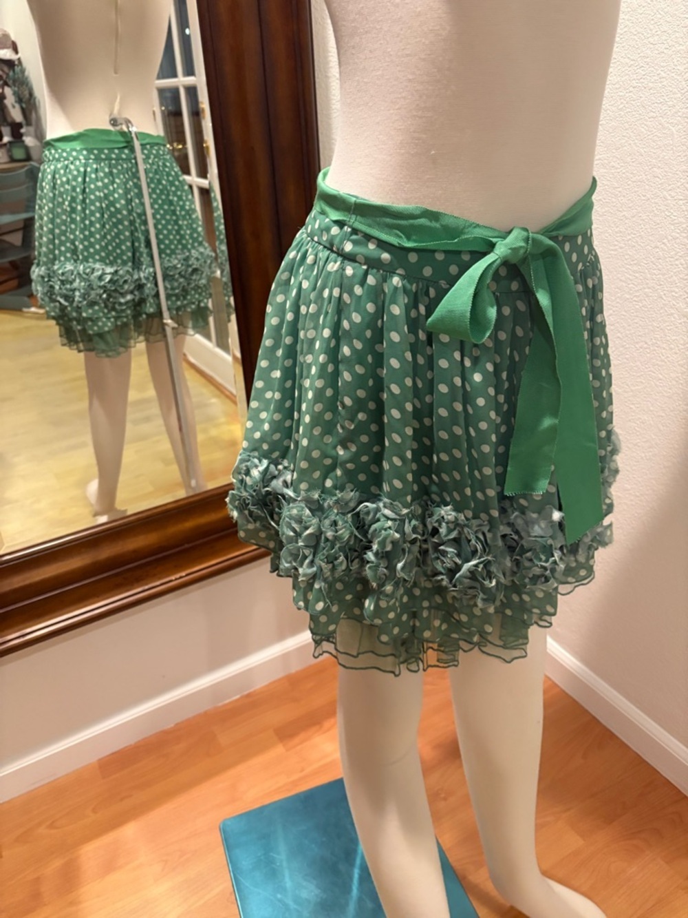 Green Polka Dot Tiered Ruffle Mini Skirt with Tie Waist